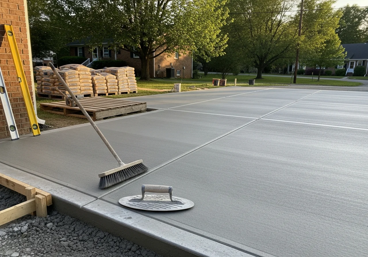 Concrete work in progress showing finished driveway or porch surface with tools and materials on site.