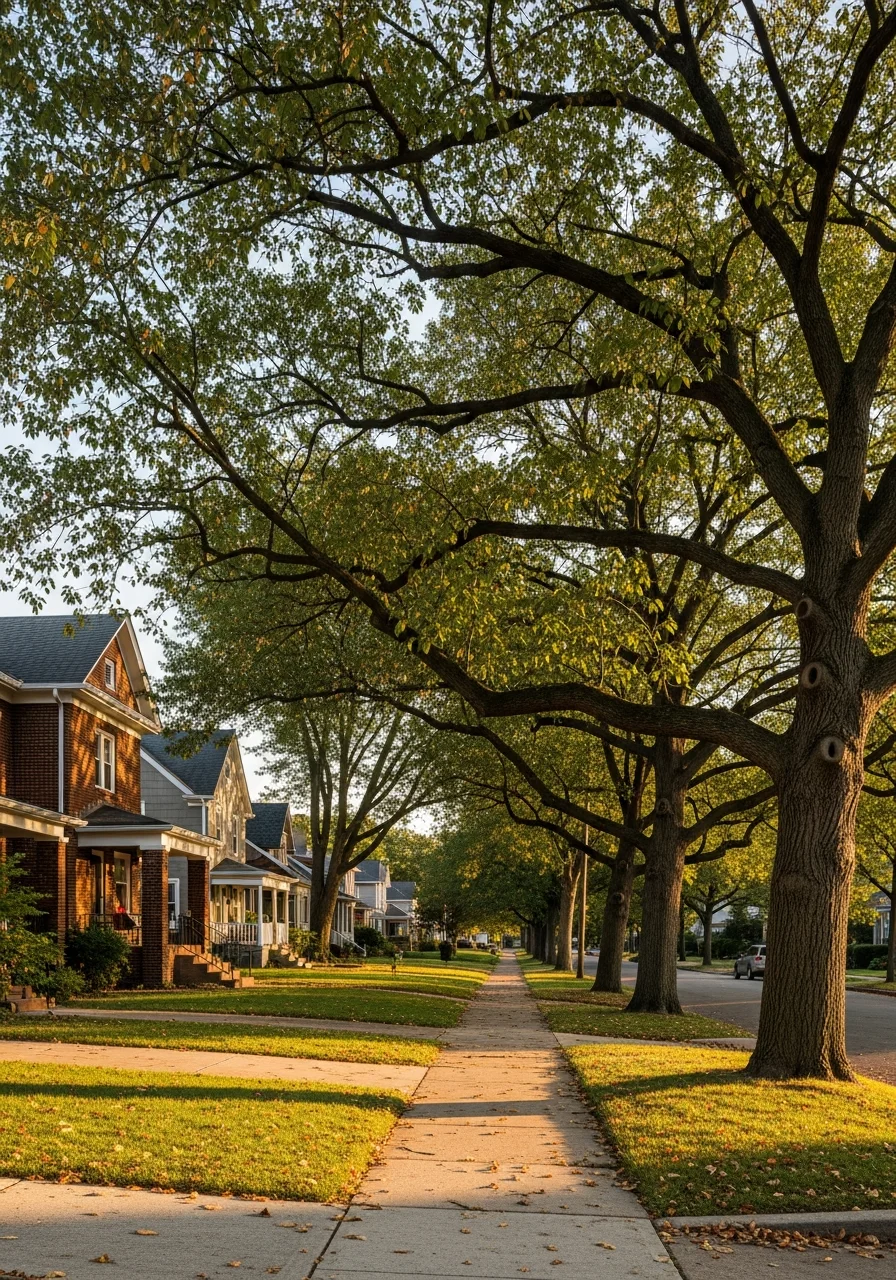 Louisville neighborhood street with varied home styles and mature trees.