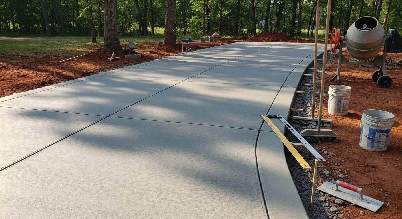 A freshly broom-finished concrete driveway at a residential property in Bardstown, KY, with clean edges and consistent surface texture. The slab runs from the street to a detached garage with no visible cracking or surface defects.