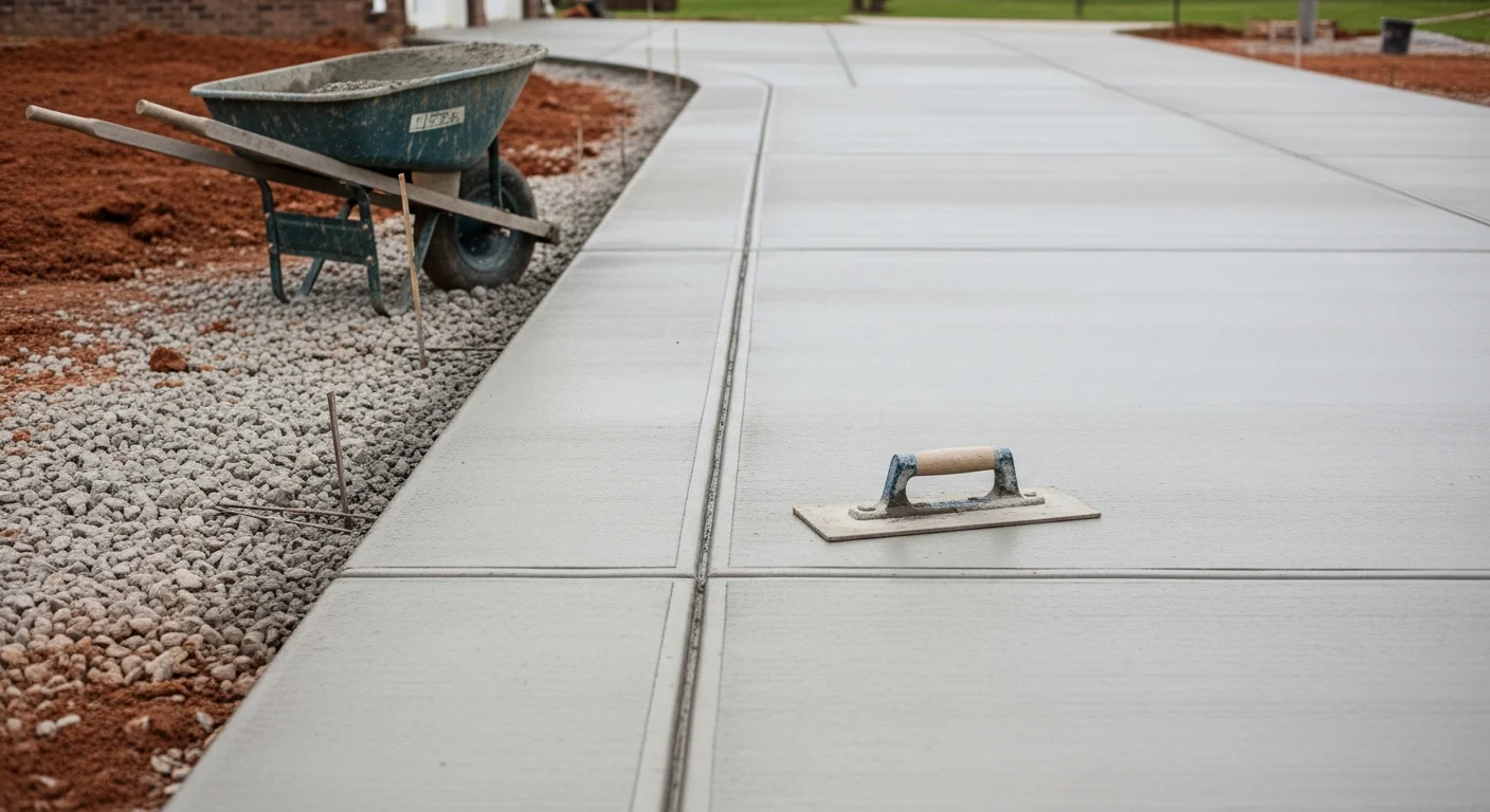 Freshly poured and finished concrete driveway at a residential property in Bardstown, KY, with clean edges and visible control joints. The surface is smooth and slopes away from the home's garage toward the street.