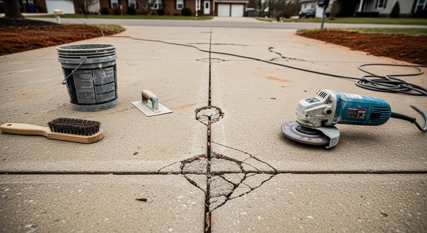 A repaired concrete driveway at a single-family home in Bardstown, KY, showing a smooth, crack-free surface with clean edges along the apron. The finished slab shows no visible spalling or settlement damage.