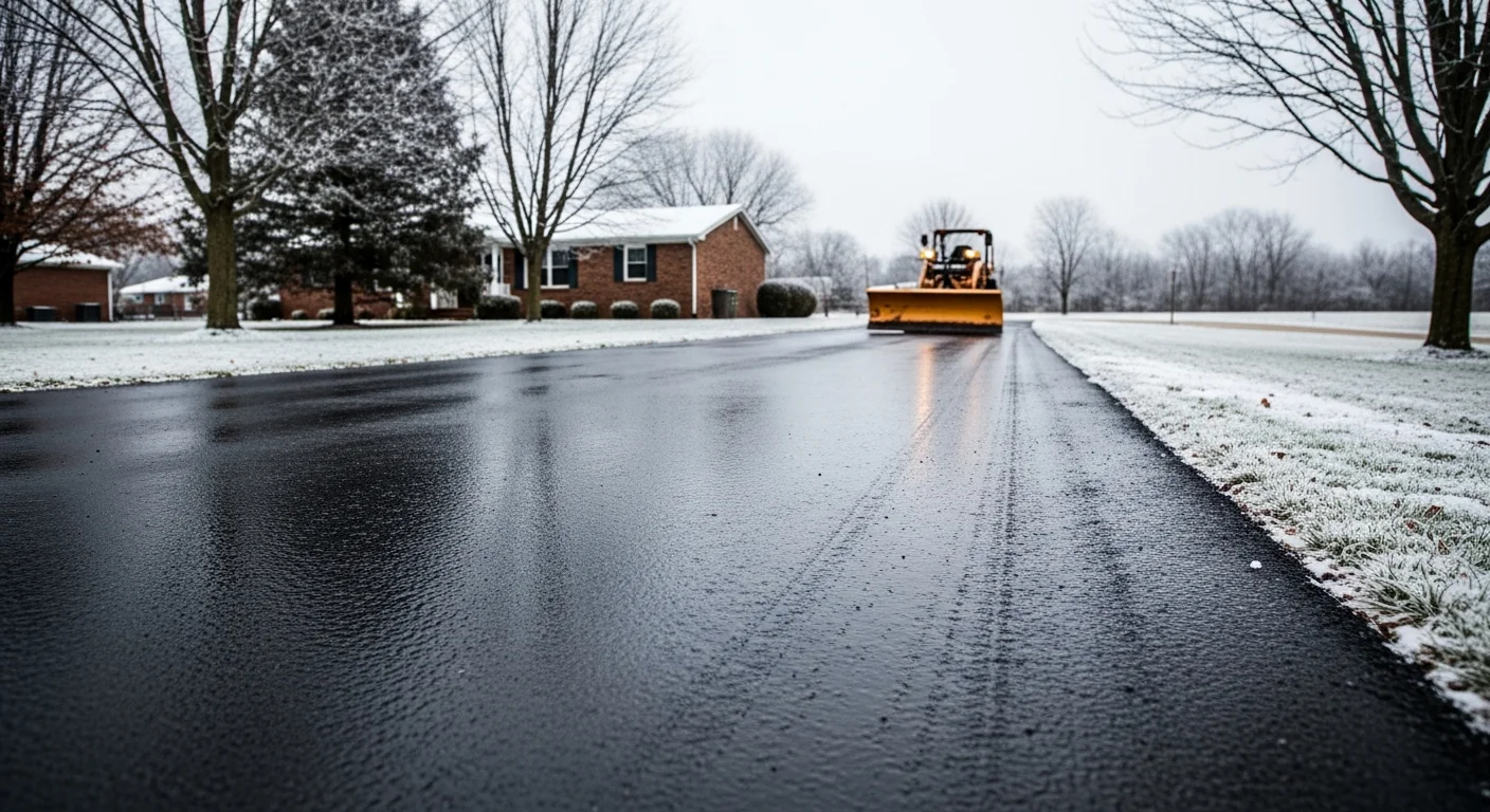 A fully cleared residential concrete driveway in Bardstown, Kentucky after a winter snowstorm, with snow pushed to the edges and the full surface exposed down to the pavement. A single-family home sits in the background with snow covering the front yard.