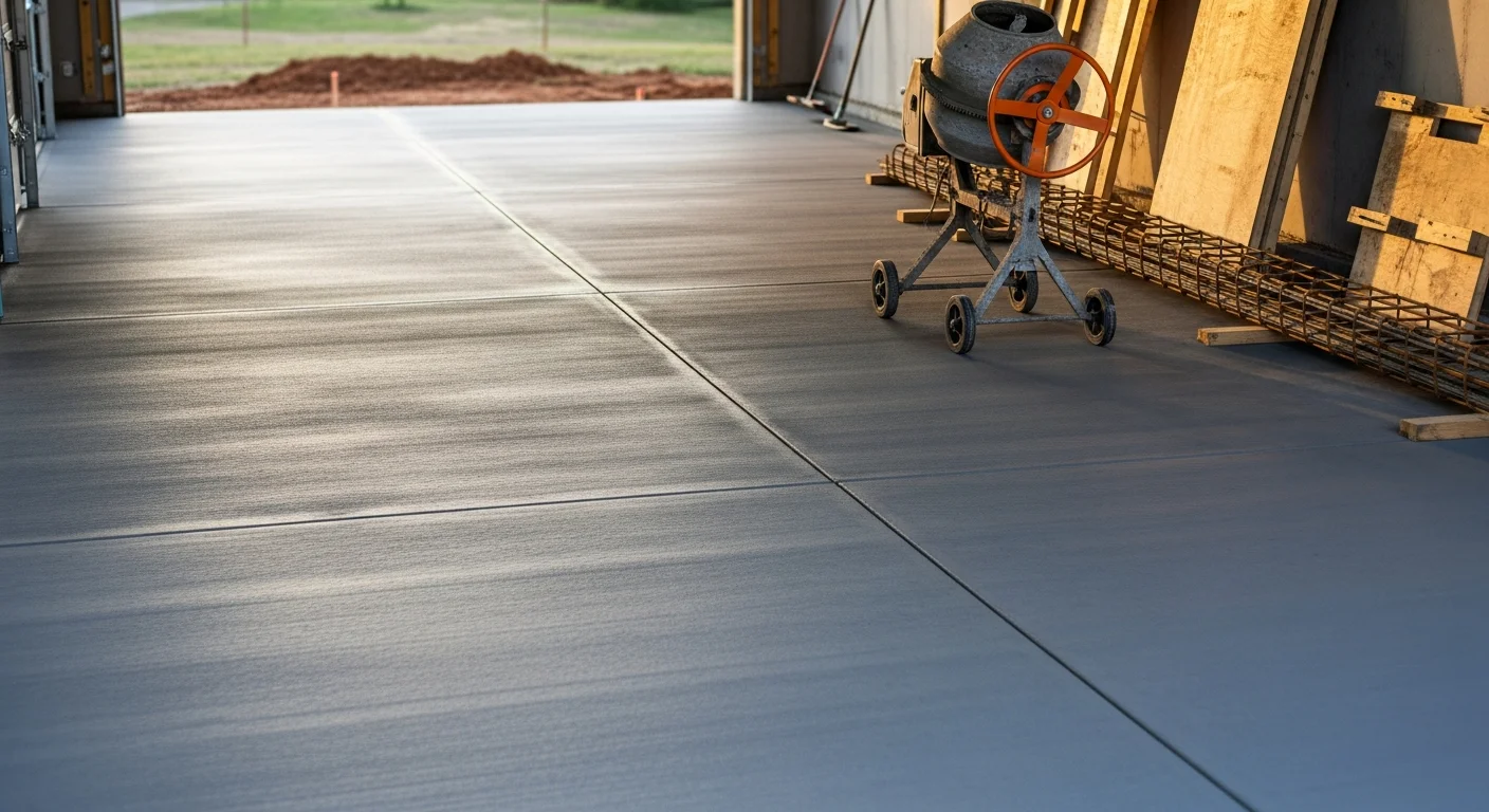 Freshly poured and finished concrete garage floor inside a residential garage in Bardstown, Kentucky. The smooth gray slab fills a two-car garage with clean edges and a flat, level surface.