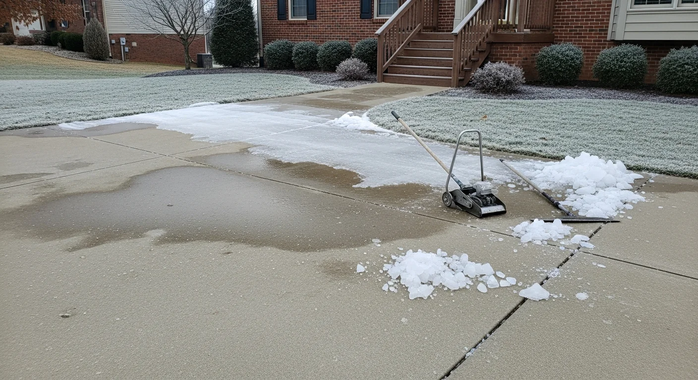 A cleared concrete driveway and front walkway after professional ice removal at a residential property in Bardstown, KY. The surface is free of ice buildup with visible concrete texture restored after treatment.