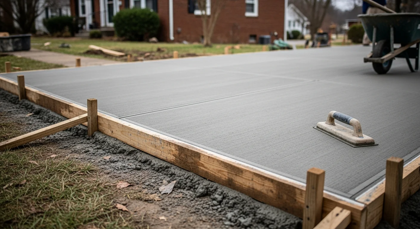 A freshly poured and finished concrete front porch slab on a residential home in Bardstown, Kentucky. The smooth gray surface includes formed edges and steps leading to the front entry.