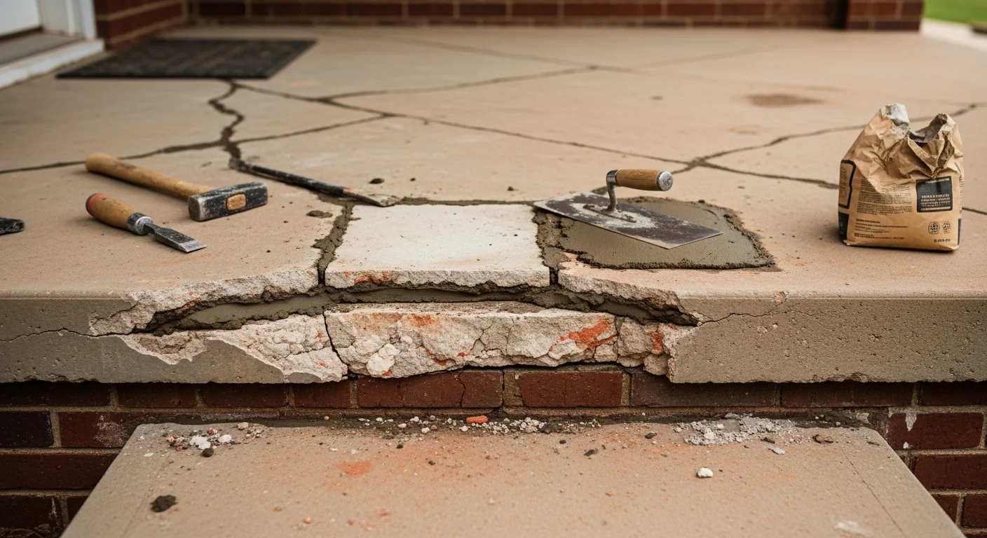 A repaired concrete porch at a residential home in Bardstown, KY, showing a smooth, level slab and restored masonry steps with no visible cracks or spalling. Wilson Concrete LLC completed the porch repair work for a Nelson County homeowner.