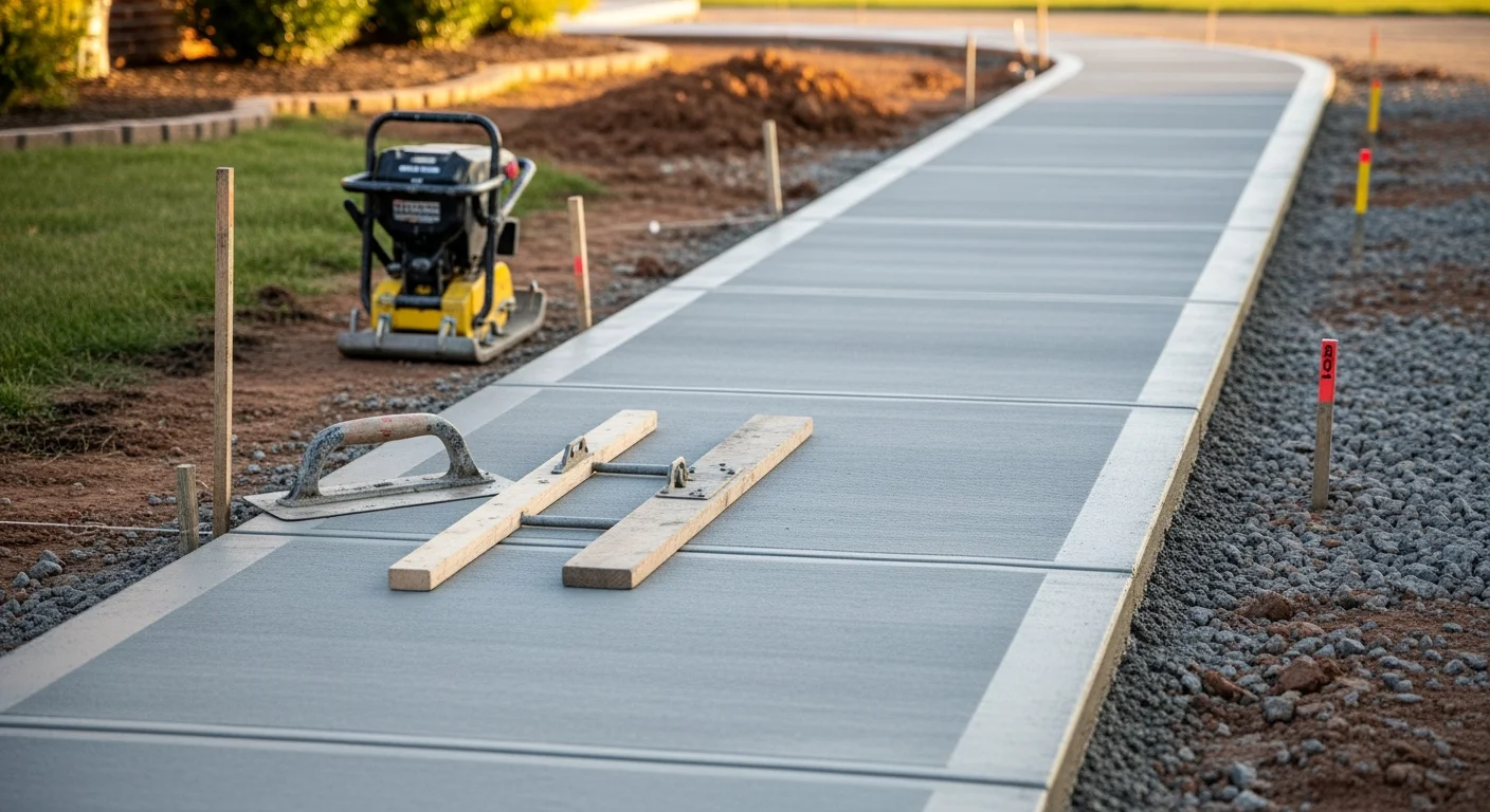 Freshly poured concrete sidewalk leading from a residential front entry to the street in Bardstown, Kentucky. The walk has clean formed edges, a smooth broom finish, and visible expansion joints.