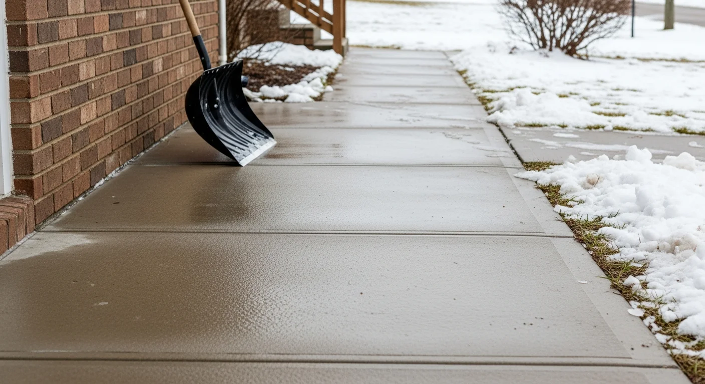 A fully cleared residential sidewalk in Bardstown, Kentucky after a winter snowstorm, with snow pushed to the edges and a clean path visible from the street to the front entry. Wilson Concrete LLC snow removal service in Nelson County.