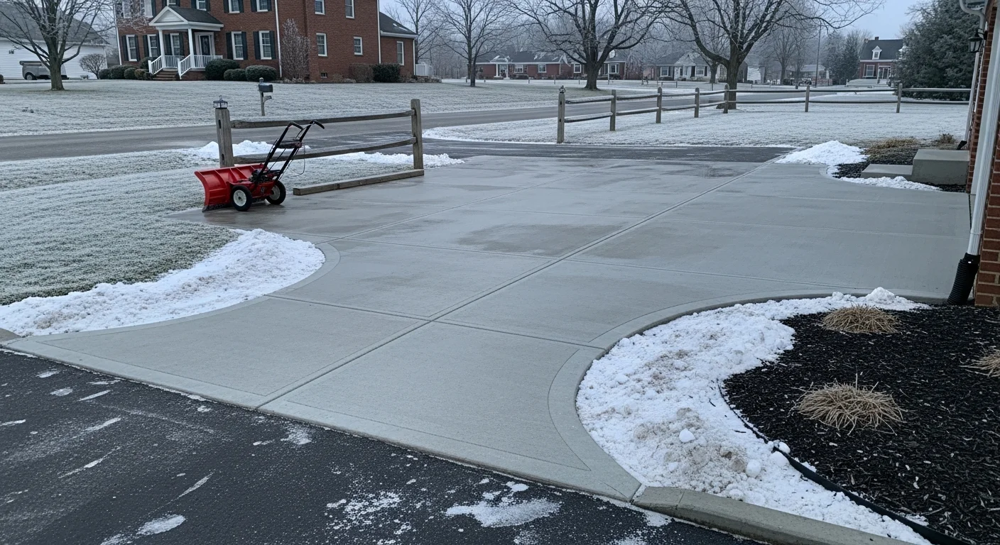 A concrete residential driveway in Bardstown, KY fully cleared of snow and ice after a winter storm. The walkway leading to the front steps is also cleared, with snow pushed to the edges of the property.