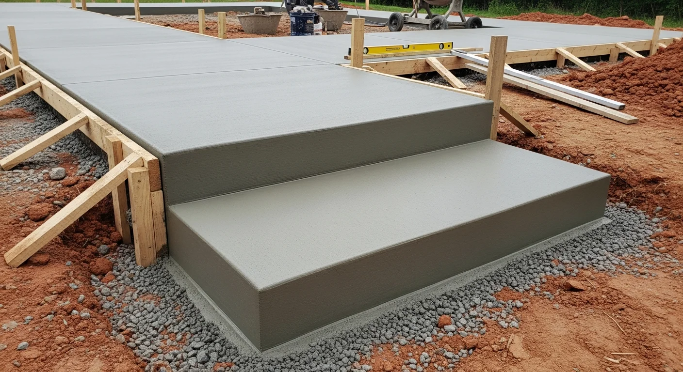 Newly poured concrete entry steps installed at a residential home in Bardstown, KY, with a clean finish and tight fit against the front foundation. The steps show even riser heights and a flat, level surface at each tread.