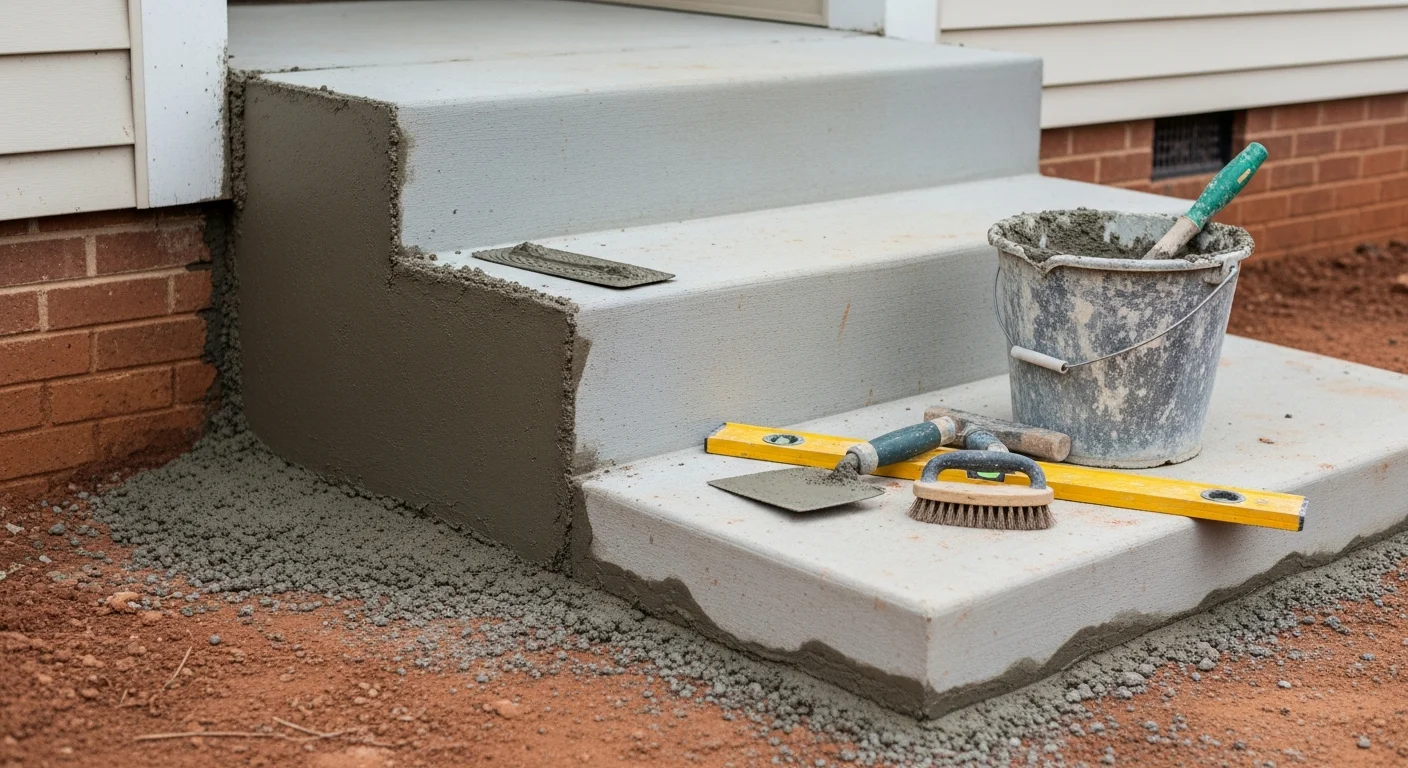 Repaired concrete front entry steps at a residential home in Bardstown, Kentucky, showing clean tread edges and a smooth, level surface. Close-up view highlights freshly restored concrete with no visible cracks or chipping.